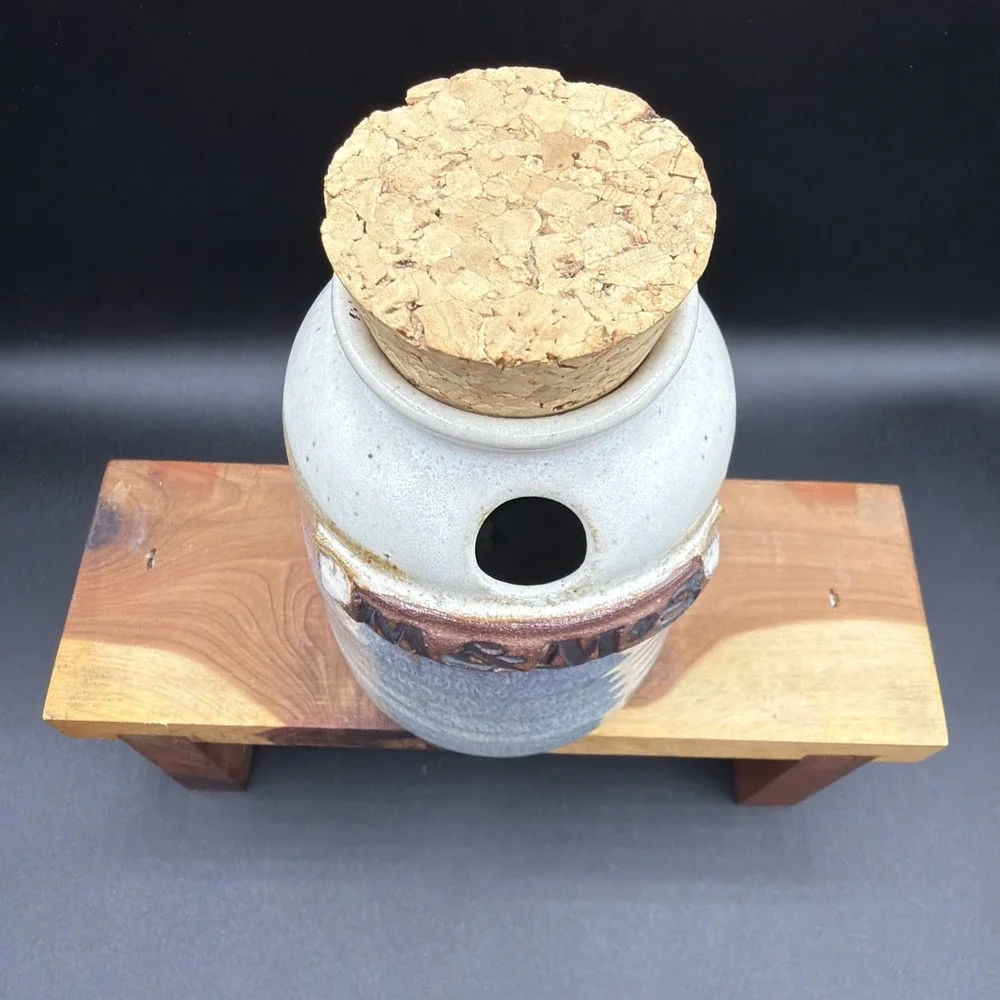 VTG Neher Studio Pottery M&M Jar W/ Cork Lid Beige Blue Funny Gift Handmade 5.5